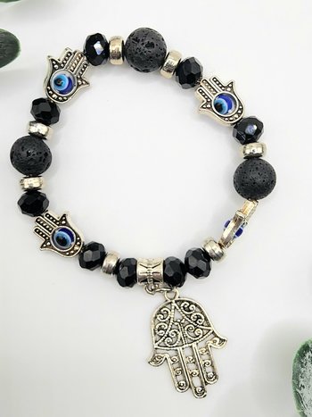 Hamsa Lava Bead Protection Bracelet
