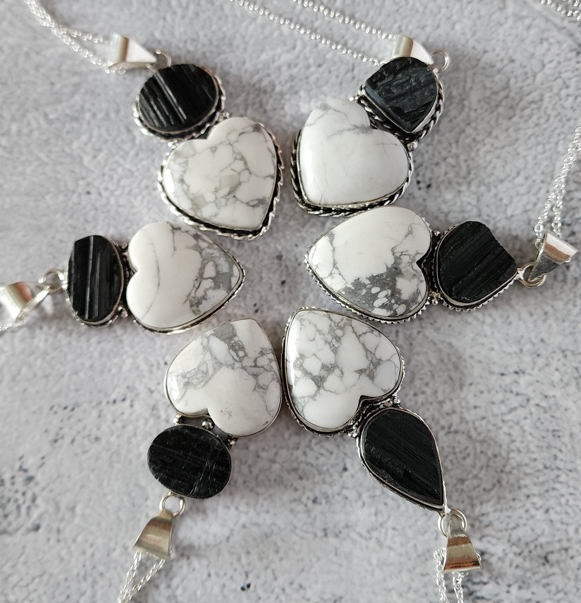 Black Tourmaline and Howlite Heart Pendant Necklace