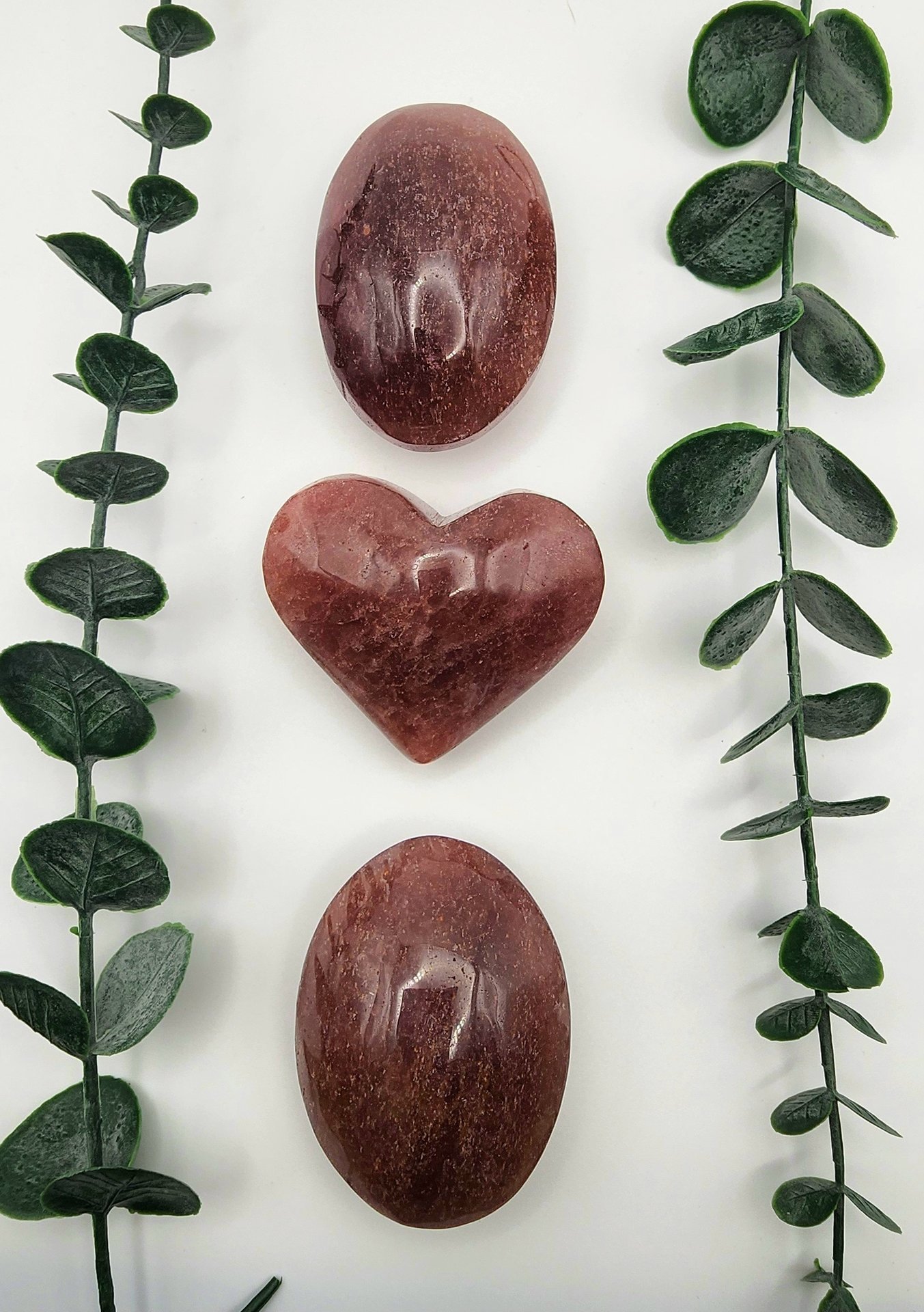 Strawberry Quartz Hearts and Palm Stones