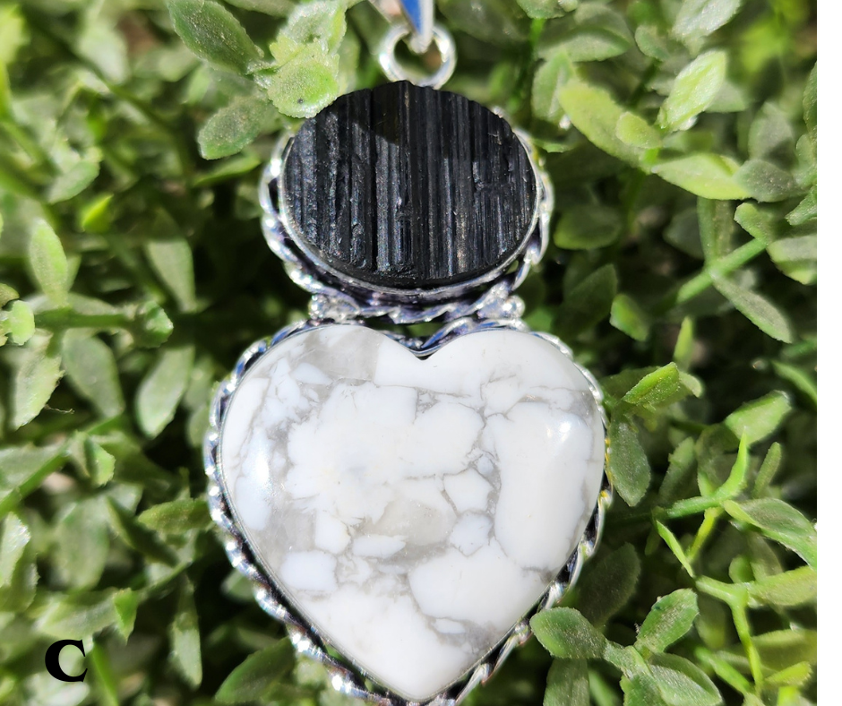 Black Tourmaline and Howlite Heart Pendant Necklace