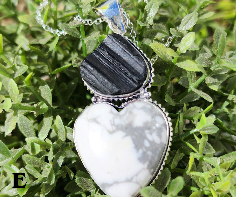 Black Tourmaline and Howlite Heart Pendant Necklace