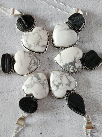 Black Tourmaline and Howlite Heart Pendant Necklace